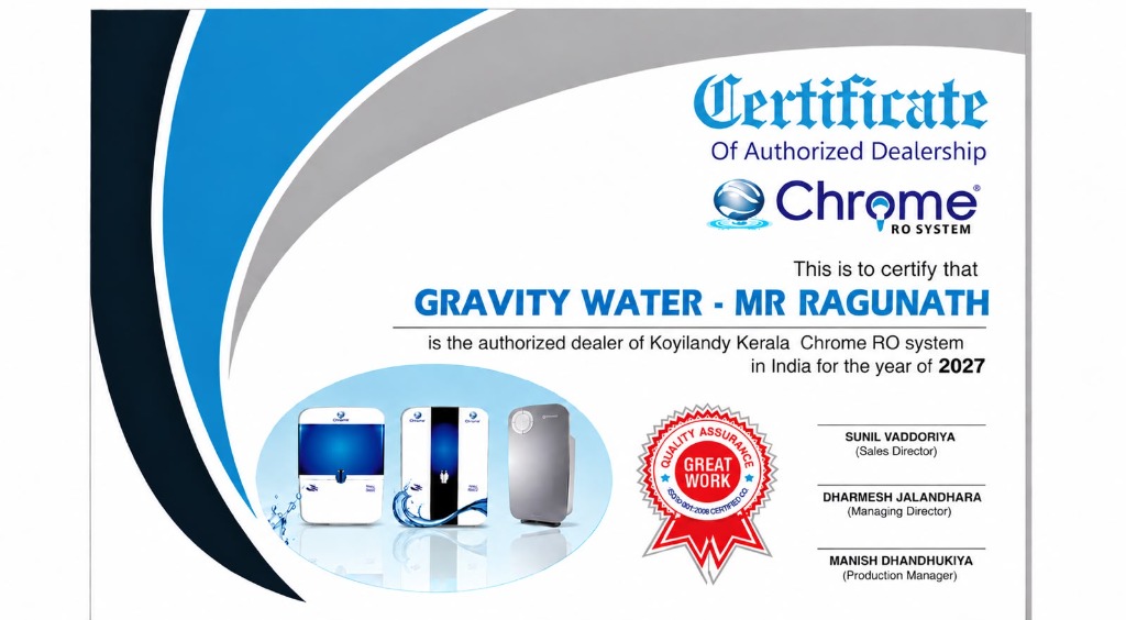 Certificate of Authorized Dealership - Gravity Water Treatment for Chrome RO System